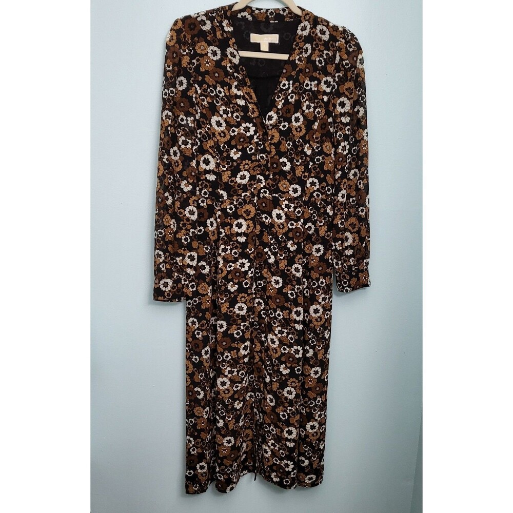 MICHAEL KORS Midi Dress Womens S 4 6 Button Up Brown Floral Long Sleeve V-Neck